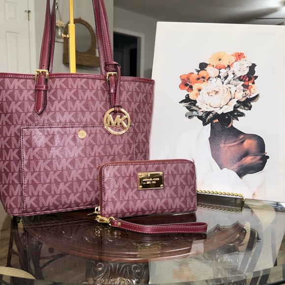 Michael Kors Handbags - Michael Michael Kors Burgundy Tote and Wallet Set